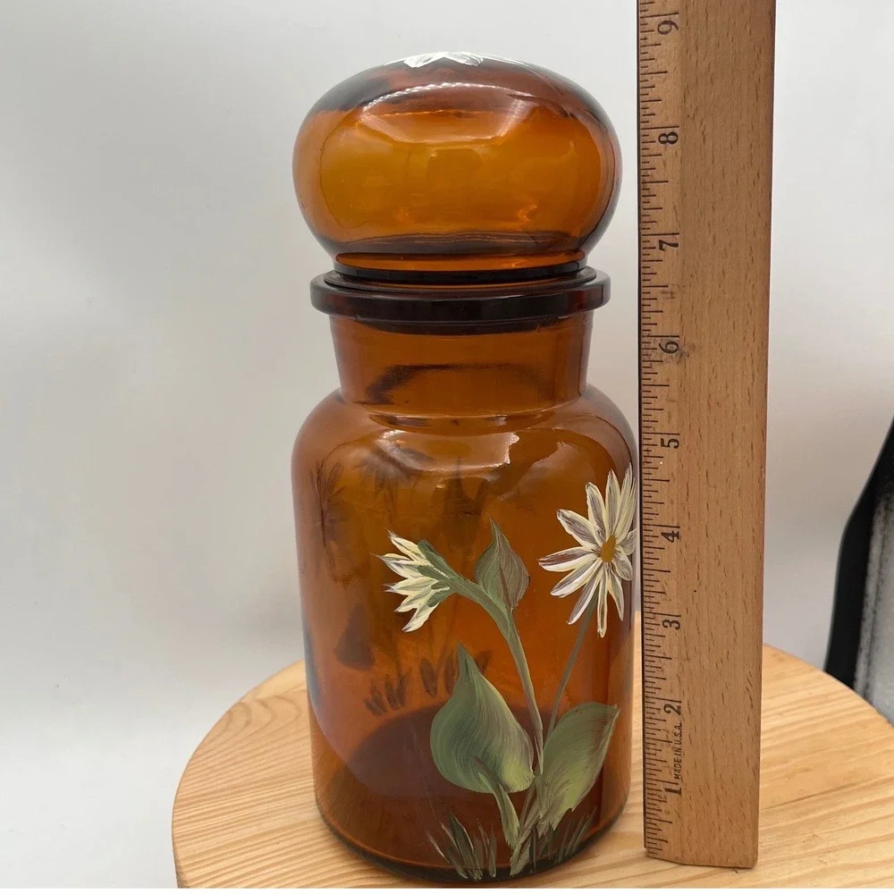 Vtg Belgian Amber Glass Jar Bubble Lid Hand Painted Daisy Storage Mid Century